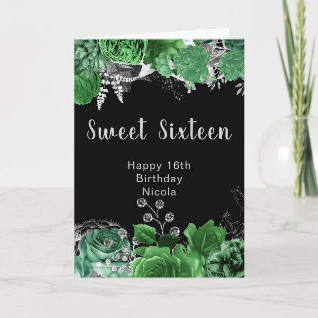 Elegant Green and Silver Flowers Sweet Sixteen   Karte (Vorderseite)