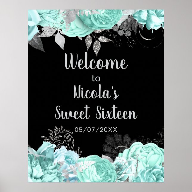 Elegant Green and Silver Flowers Sweet Sixteen Poster (Vorne)