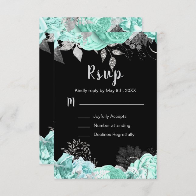 Elegant Green and Silver Flowers Sweet Sixteen RSVP Karte (Vorne/Hinten)