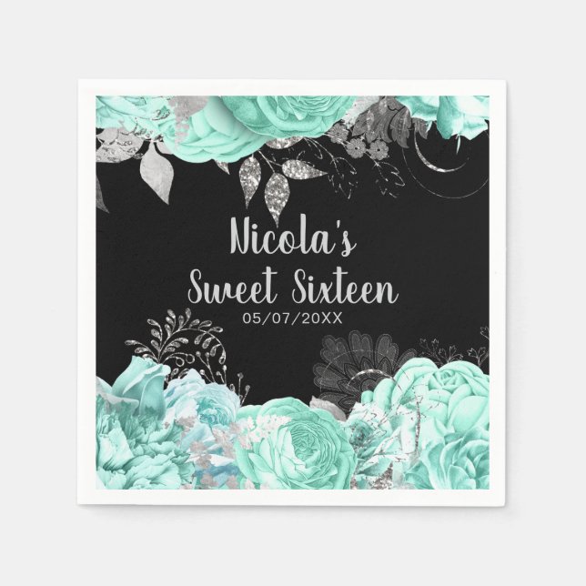 Elegant Green and Silver Flowers Sweet Sixteen Serviette (Vorderseite)