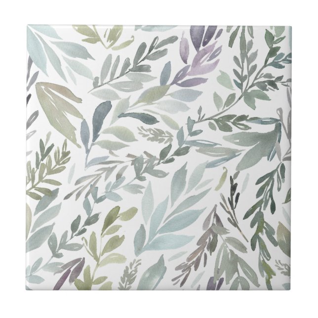 Elegant Green Blue Botanical Watercolor Fliese (Vorderseite)