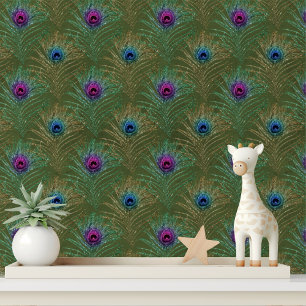 Elegant Green Blue Glitzer Peacock Feathers Chic Tapete