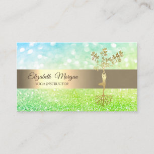 Elegant Green Bokeh Gold Tree Yoga Instructor Visitenkarte