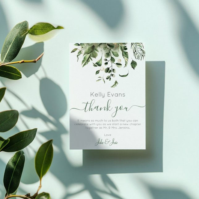 Elegant Green Botanical Wedding Vielen Dank Dankeskarte (Wedding photo, green leaves wedding thank you card)