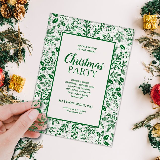 Elegant Green Botanicals Christmas Party Acryleinladungen (Elegant green botanicals border CLEAR ACRYLIC Christmas holiday party invitations)