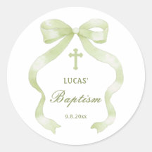 Elegant Green Bow Baptism Classic Round Sticker