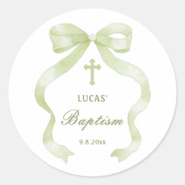 Elegant Green Bow Baptism Classic Round Sticker