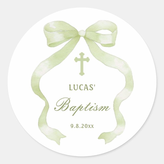 Elegant Green Bow Baptism Classic Round Sticker (Vorderseite)