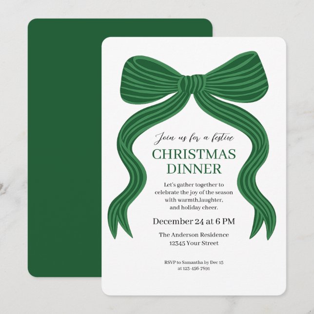 Elegant Green Bow Christmas Dinner Invitation Einladung (Vorne/Hinten)