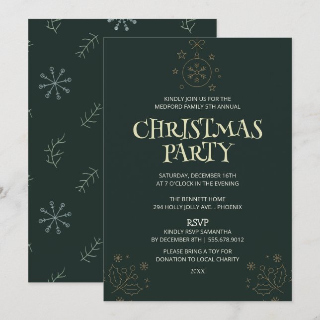 Elegant Green Christmas Party Invitation – Holiday Einladung (Vorne/Hinten)