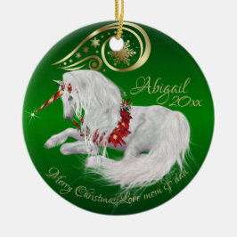 Elegant Green Christmas Unicorn Gold Accent Joy Keramik Ornament