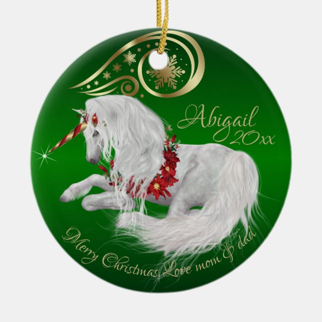 Elegant Green Christmas Unicorn Gold Accent Joy Keramik Ornament (Vorne)