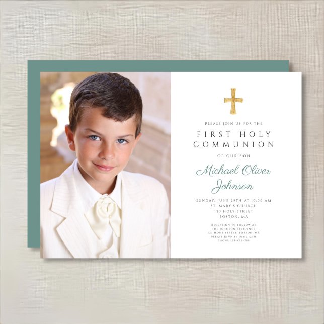 Elegant Green Cross Foto Boy First Communation Einladung (Elegant Green Cross Photo Boy First Communion Invitation)