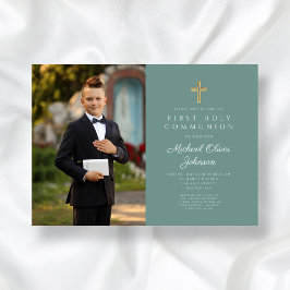 Elegant Green Cross Foto Boy First Communation Einladung