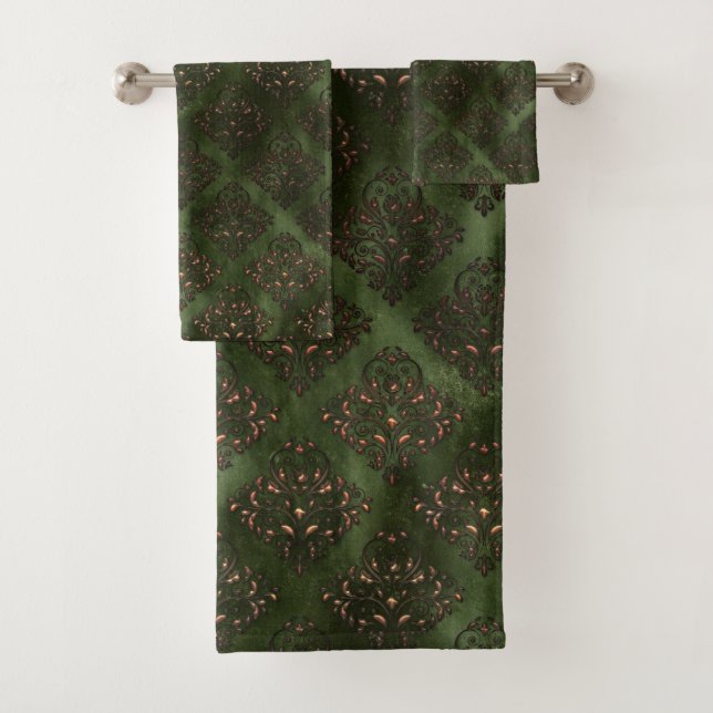 Elegant Green Damask Bronze Badezimmer Badhandtuch Set (Insitu)