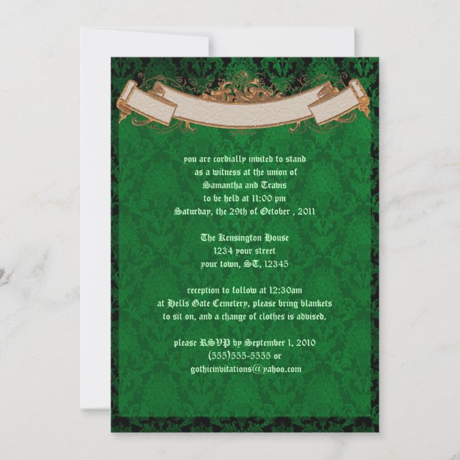 Elegant Green Damask Goth Wedding Einladung (Vorderseite)