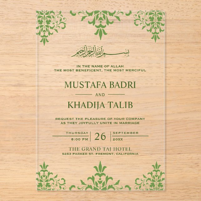 Elegant Green Damask Islamic Wedding Acryleinladungen (Vorderseite)