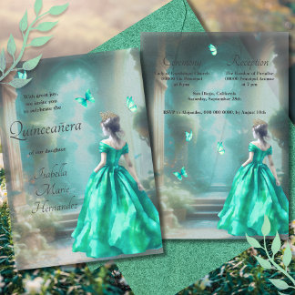 Elegant Green Emerald Butterflies Quinceañera Einladung