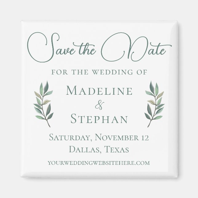 Elegant Green Eucalyptus Leaf Modern Save the Date Magnet (Vorne)