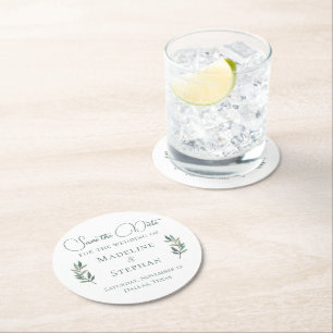 Elegant Green Eucalyptus Leaf Modern Save the Date Runder Pappuntersetzer