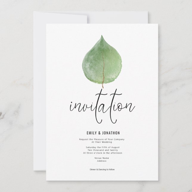 Elegant Green Eucalyptus Leaf Script Wedding Einladung (Vorderseite)