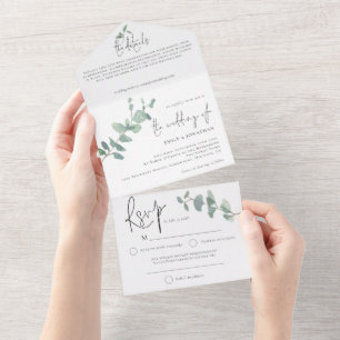 Elegant Green Eucalyptus Script Wedding All In One Einladung