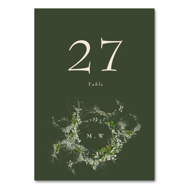 Elegant Green Eucalyptus Wreath Monogram Wedding Tischnummer (Vorderseite)