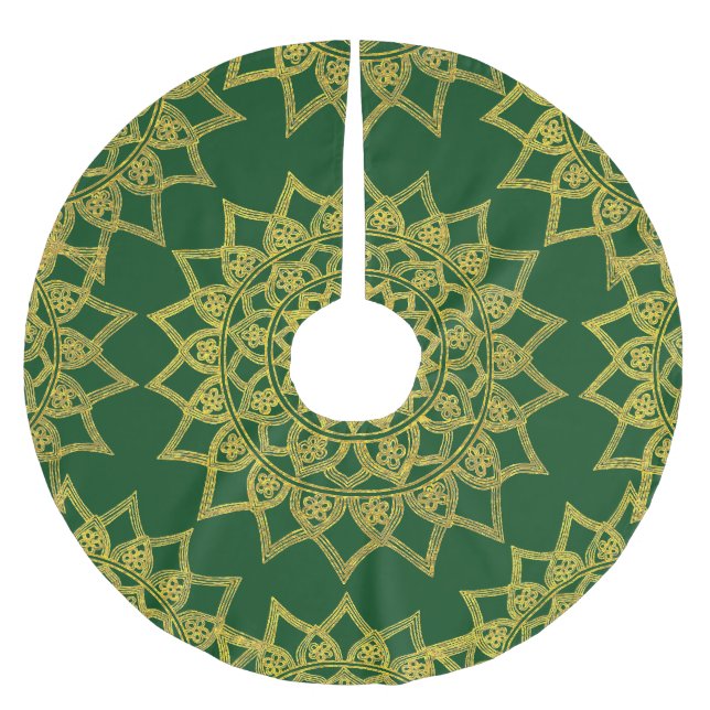 Elegant Green Fine Gold Floral Mandala Weihnachten Polyester Weihnachtsbaumdecke (Vorderseite)