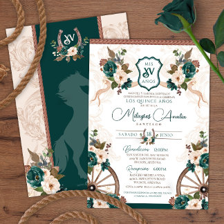 Elegant Green Floral Charro Western Quinceanera Einladung