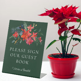 Elegant Green Floral Christmas Gästebuch Sockelschild