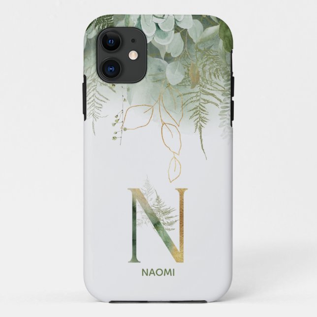 Elegant Green Floral Letter N Case-Mate iPhone Hülle (Rückseite)