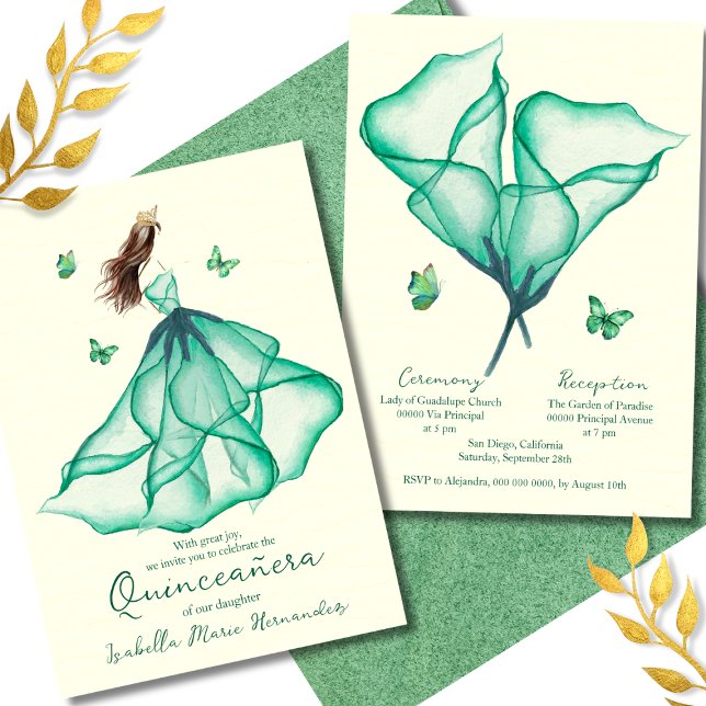 Elegant Green Floral Lily Wassercolor Quinceñera Einladung (Von Creator hochgeladen)