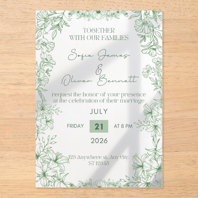 Elegant Green Floral Line Art Wedding Invitation  Acryleinladungen (Vorderseite)