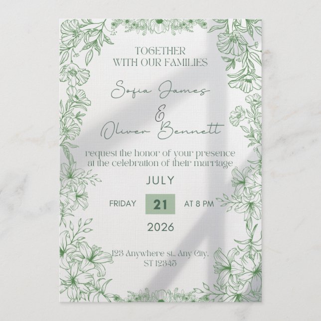 Elegant Green Floral Line Art Wedding Invitation  Einladung (Vorderseite)