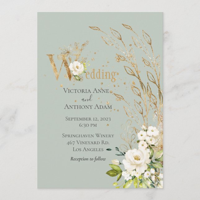 Elegant Green Floral Rustic Script Wedding Einladung (Vorderseite)