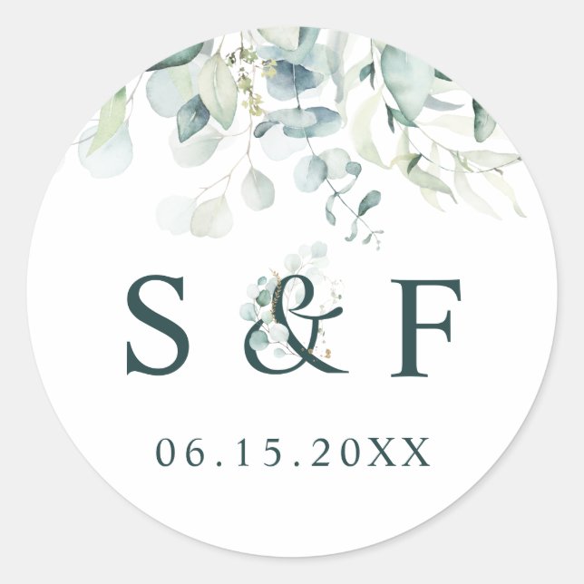 Elegant Green Foliage Wedding Monogram Runder Aufkleber (Vorderseite)