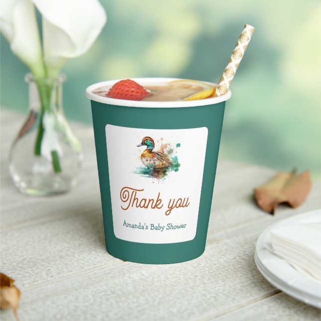 Elegant Green Gerahmt Mallard Duck Baby Shower Pappbecher (In Situ)
