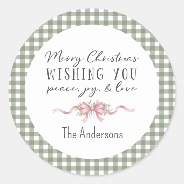 Elegant Green Gingham Plaid Preppy Christmas Runder Aufkleber (Vorderseite)