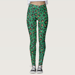Elegant Green Glitter Black Gold Leopard Leggings