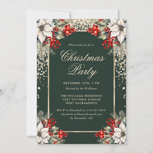 Elegant Green Gold Botanical Christmas Party Einladung (Vorderseite)