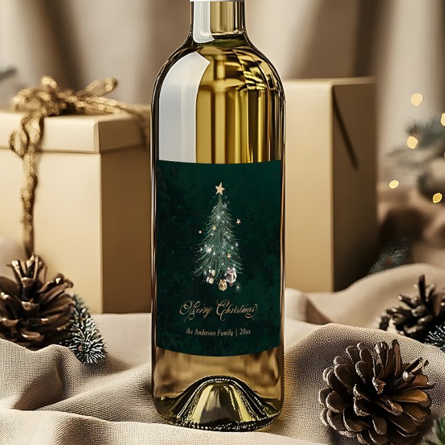 Elegant Green Gold Christmas Tree Weinetikett (Von Creator hochgeladen)