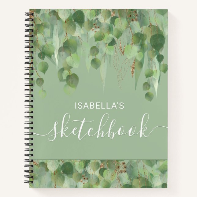 Elegant Green Gold Eucalyptus Name Sketchbook Notizbuch (Vorderseite)