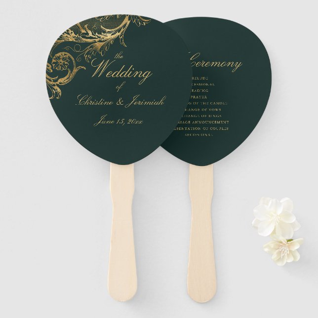 Elegant Green Gold Floral Damask Script Hochzeit Fächer (Vorne und Hinten)