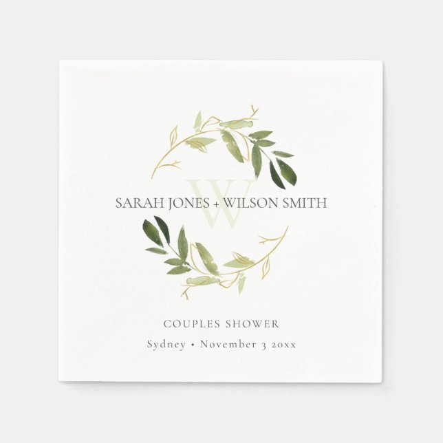 ELEGANT GREEN GOLD FOLIAGE WREATH COUPLES SHOWER SERVIETTE (Vorderseite)