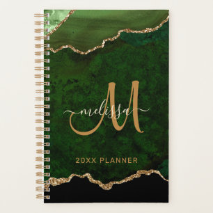 Elegant Green Gold Glitzer Agate Monogram 2024 Planer