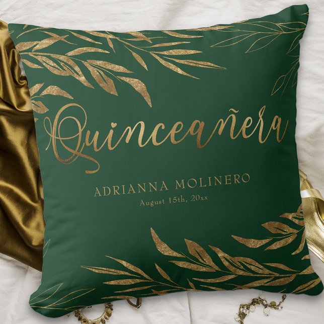 Elegant Green Gold Leaf Personalisiert Quinceanera Kissen (Personalized Emerald Green Quinceanera keepsake pillow from my Gold Leaf Quincea)
