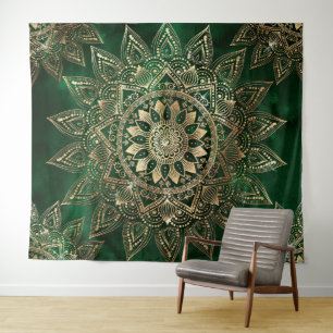 Elegant Green Gold Mandala Wandteppich
