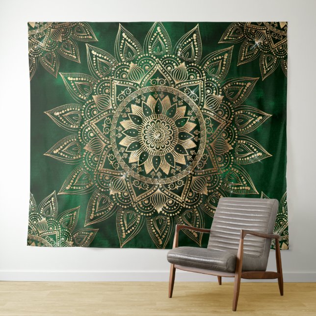Elegant Green Gold Mandala Wandteppich (Beispiel (Horizontal))