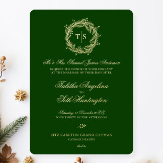Elegant Green Gold Monogram Wedding Folieneinladung