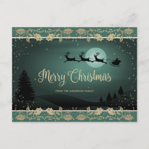 Elegant Green Gold Santa Reindeer Snowy Weihnachte Feiertagspostkarte